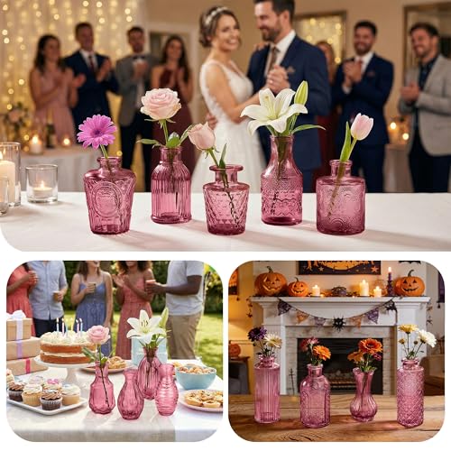 Glass Bud Vases in Bulk Set of 17, Dark Purple Small Mini Vases for Flowers, Vintage Vase for Centepiece,Wedding, Table Decor, Baby Shower, Christmas, Home and Events - color: Dark Purple