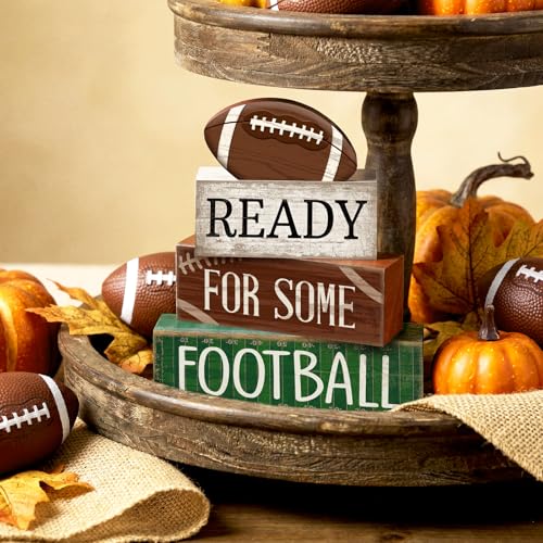 Yuntau 4 Pcs Football Fall Table Decoration Happy Football Wooden Block Sign Rugby Tiered Tray Decor Centerpiece Decorative Faux Book Stack for Holiday Tabletop Fireplace Shelf Desk Party Decor - style: Classic Football