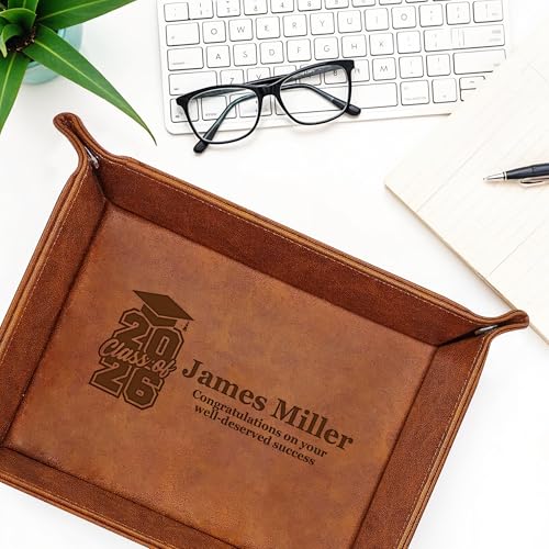 Personalized PU Leather Valet Tray Class of 2026 Graduation Gift with Engraved Name for Men, Boyfriend, Custom Graduation Tray Leather Dresser Organizer for Him & Her, Engraved Catchall Gift - style: Graduation