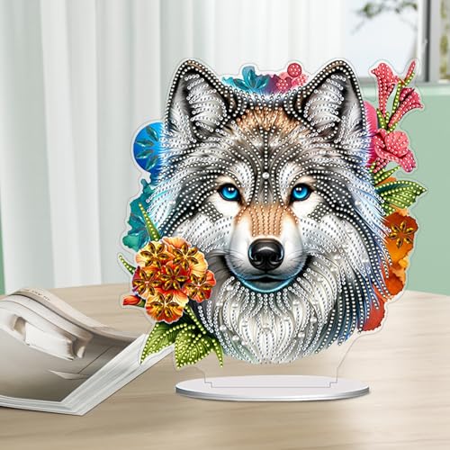 5D Tabletop Diamond Art Kit Flower Wolf, Stand Up Special Shaped Crystal Diamond Art Desktop Kits for Adults, DIY Diamond Painting Kits Craft, Box Package - color: Flower Wolf