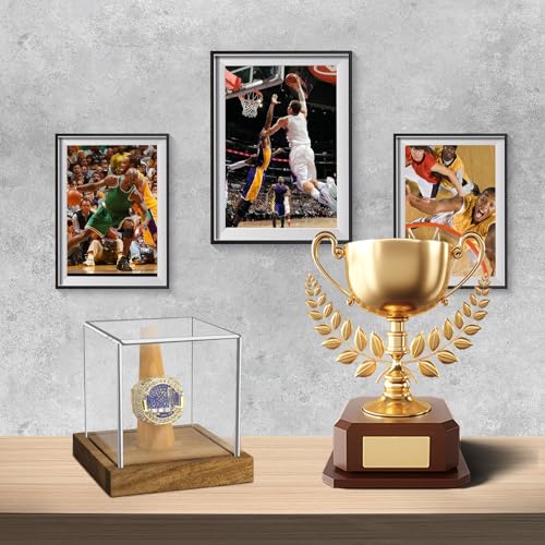 Hooqict Championship Ring Display Case Clear Acrylic Ring Case Display Box UV Protected with Wood Base Stand for Sports Baseball Basketball Softball Football Single Ring Holder Coin Stand - size: 1 Pack
