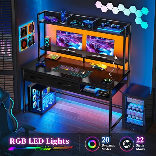 DurayLoly 47.2" Gaming Desk with Hutch &2Drawers,Office Desk with Storage Rack&Monitor Stand, Computer Desk with LED&Power Outlet,Modern Study Writing Desk for Bedroom Home Office,Small Space,Black - color: Black, size: 18.9"D x 47.2"W x 61.1"H