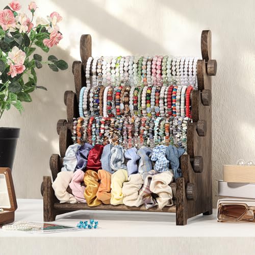 TOPNEW 5 Tier Wooden Bracelet Holder, Scrunchie Bangle Watch Necklace Display Storage Jewelry Holder Stand Display Organizer, Brown - color: 5 Tier Brown
