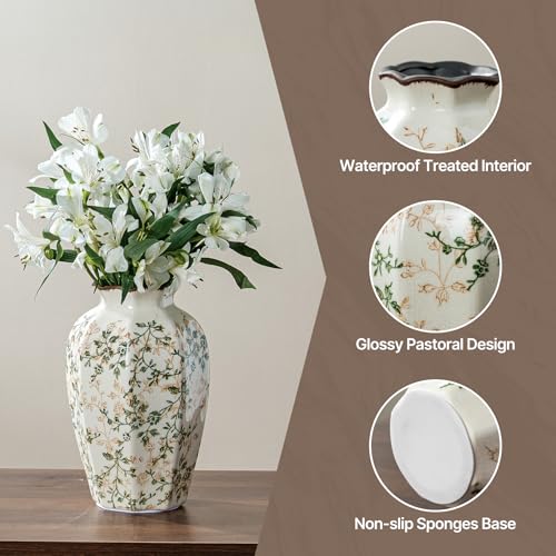 Ceramic Flower Vase | Green Rustic Farmhouse Vase for Home Decor, Vintage Floral Pottery Tuscan Octagonal Vase for Living Room & Kitchen, Mantel & Bookshelf, Centerpieces, Entryway, Wedding(9.1 Inch) - color: 02-green and Beige