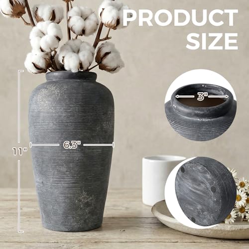 Rustic Distressed Ceramic Threaded Vase, 11"H Handmade Wabi Sabi Decor Vase (Deep Charcoal with Light Gray Weathering and Wheat Beige Patches) for Living Room Table Centerpieces, Entryway & Fireplace - size: 11 inch-A