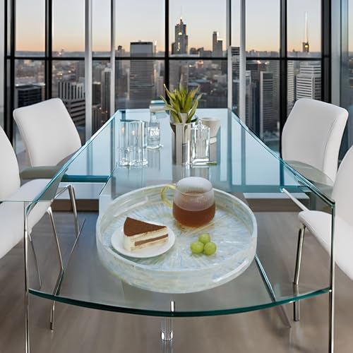 PEMAR 12.6” Mother of Pearl Round Serving Tray with Handles, Decorative Nacred Wooden Ottoman Coffee Table Tray (Teal Sunlight) - color: Teal Sunlight