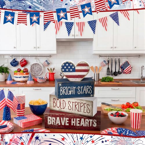 CroBlissful 4 Pcs 4th of July Decorations Patriotic Memorial Day Tabletop Decorations Red White Blue Table Centerpieces Sign for Office Tiered Tray Home Shelf 250th Anniversary(Brave Heart) - style: Brave Heart