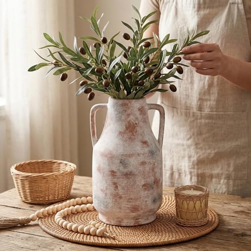11 Inch Tall Ceramic Vase with Handles, Off-White Farmhouse Rustic Decor | Large Terracotta Style Table Vase for Living Room, Shelf & Fireplace Mantle | Decorative Pottery Centerpiece - color: Terracotta