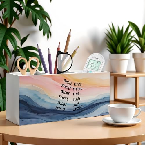 Abstract Mental Health Pencil Pen Holder for Desk, Inhale Peace Exhale Stress Wooden Pencil Holder Organizer for Therapy Office Desk Accessories, School Counselor Office Must Haves - color: Color-Desk accessories white 08