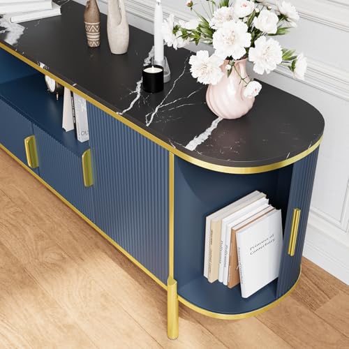 Luxury 70 in Fluted TV Stand with Faux Marble Top, Entertainment Center for TVs Up to 80 in, Wood Media Console with Curved Profile Sliding Doors and Adjustable Shelves for Living Room- Navy Blue - color: Navy Blue