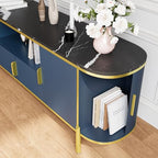 Luxury 70 in Fluted TV Stand with Faux Marble Top, Entertainment Center for TVs Up to 80 in, Wood Media Console with Curved Profile Sliding Doors and Adjustable Shelves for Living Room- Navy Blue - color: Navy Blue