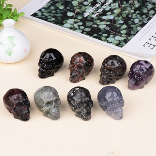 2 Inch Flame Yooperlite Stone Crystal Skulls Decor,Human Skull Sculpture Statues Healing Crystal Decor,Halloween Skull Figurines,Home Office Decoration Christmas Meditation Gifts for Men Women - color: Flame Stone