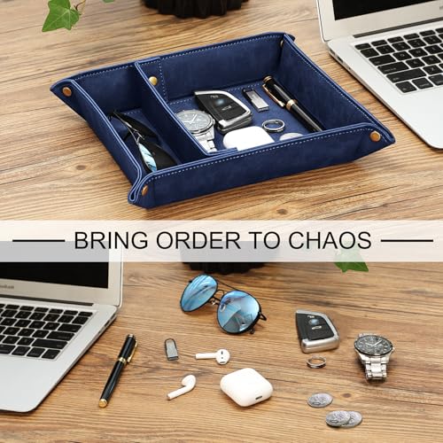SITHON Valet Tray Desktop Storage Organizer, Removable 2 Compartments Catchall Tray Bedside Vanity Nightstand Caddy Holder Desk Storage Plate, Dark Blue - color: Dark Blue