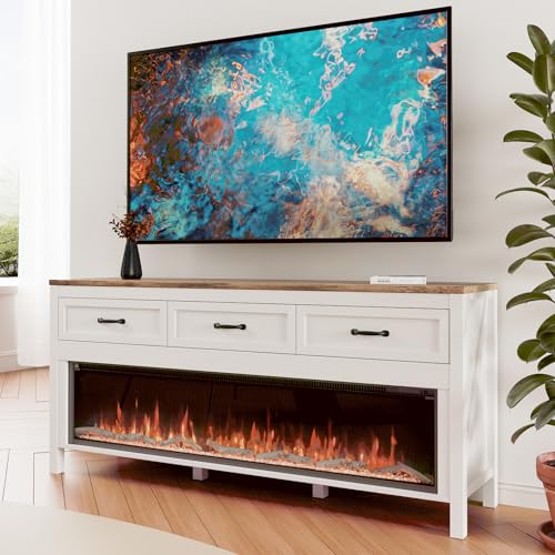 BVIUNTWO Modern Fireplace TV Stand for Up to 75 Inch TV, Entertainment Center with 60" Electric Fireplace for 65 75 Inch TV, 65" TV Stand with Storage Cabinet Drawer for Living Room (Off White) - size: 65 Inch