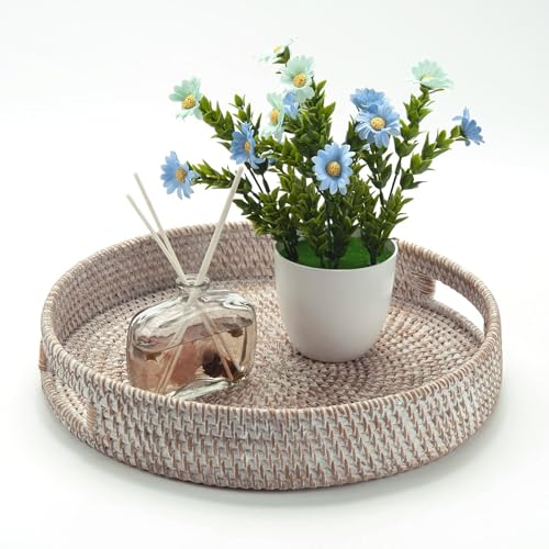 14" Round Rattan Tray, Hand Woven Serving Tray with Handles, Wicker Serving Basket, Decorative Tray for Home Decor, Whitewash - color: Whitewash, size: 14"