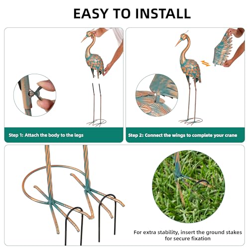 Extra-Large Metal Crane Statue, 36.8" Handcrafted Blue Heron Decor Sculptures with Stable U-Ground Stakes, Backyard Decoration, Metal Garden Bird Animal Yard Art, Lawn Ornament Decor - color: 36" -Weathered Copper Blue