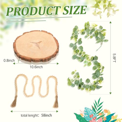 Geelin 6 Pcs Boho Rustic Table Centerpieces, 3 Modern Ceramic Vases, Wooden Slice Tray, Farmhouse Wood Beads Garland with Tassel, Artificial Vines for Dining Home Table Decor(Morandi) - color: Morandi