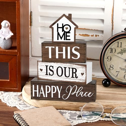 Cinnvoice 4 Pcs Farmhouse Tabletop Decor Rustic Family Blessed Home Table Centerpiece This Is Us Sign for Kitchen Shelf Desk Fireplace Mantel Tiered Tray Decor(Home This is Our Happy Place) - style: Home This is Our Happy Place