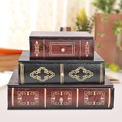 Bellaa 28076 Book Box with Drawers Hidden Storage Trinket Keepsake Decorative Bookends Vintage Antique Flux Leather Wood Organizer Retro Farmhouse Boho Home Decor - style: Vintage