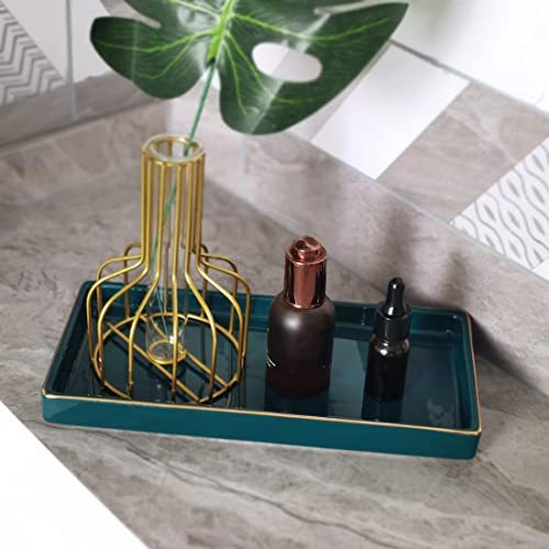 10 x 5 Ceramic Bathroom Tray for Countertop, Decorative Vanity Tray for Dresser Tops, Small Rectangular Trays for Perfume, Candle, Jewelry, Cosmetics (Green) - color: Green