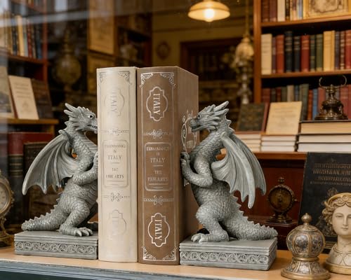 Dragon Statue Decorative Bookends for Shelves, Stone Grey Dragon Statue Home Office Decoration, Fantasy Dragon Figurine Enthusiasts Gifts - color: Stone Grey