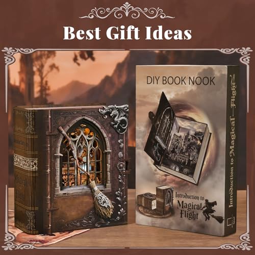MiniCity Book Nook Kit with LED Light, Miniature House Kit for Birthday, 3D Wooden Bookends Puzzle, Bookshelf Decor for Adults, Teens, Beginners (Introduction to Magical Flight) - style: Introduction to Magical Flight