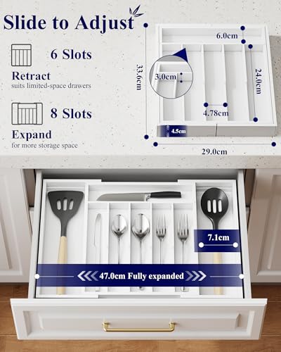 Kitsure Silverware Organizer - Expandable Bamboo Kitchen Drawer Organizer for Cooking Utensils and Cutlery, Sturdy & Thickened Kitchen Organizers and Storage Solution, Large, White - color: White, size: Large