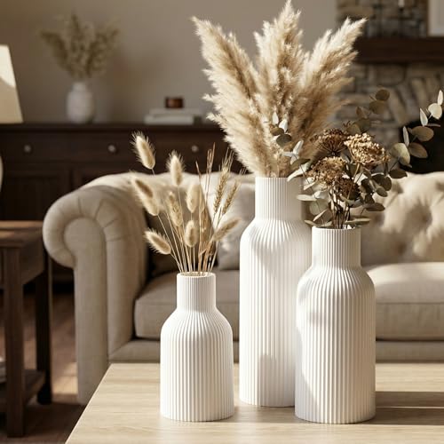White Ceramic Vases Set of 3 - Modern Matte Ribbed Vases for Pampas Grass & Dried Flowers - Minimalist Decorative Centerpieces for Living Room, Shelf, Entryway & Wedding - color: White