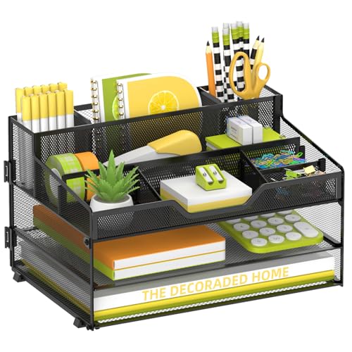 SUPEASY 3 Tier Desk Organizer, Mesh Letter Tray Paper Organizer with 5 Adjustable Storage Compartments & Pen Holder, Metal Desk Accessories for Home Office School, Black - size: 13.6" x 9.4" x 2.3"