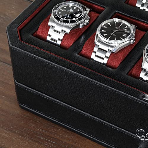 ROTHWELL 12 Slot Leather Watch Box with Valet Drawer - 12 Slot Luxury Watch Case Display Organizer, Microsuede Liner, Mens Accessories Holder, Jewelry Case, Jewelry Display Organizer (Black/Red) - color: Black/Red