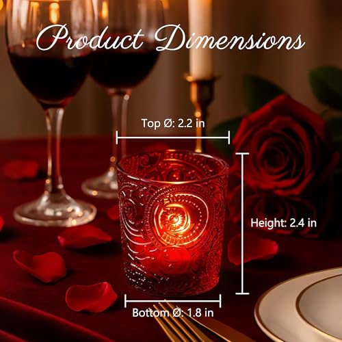 6 Pack Sun Moon Star Embossed Glass Tea Light Candle Holders - Votive Candle Holders for Wedding, Party, Home Decor, and Table Centerpieces (Ruby Red) - color: Ruby Red
