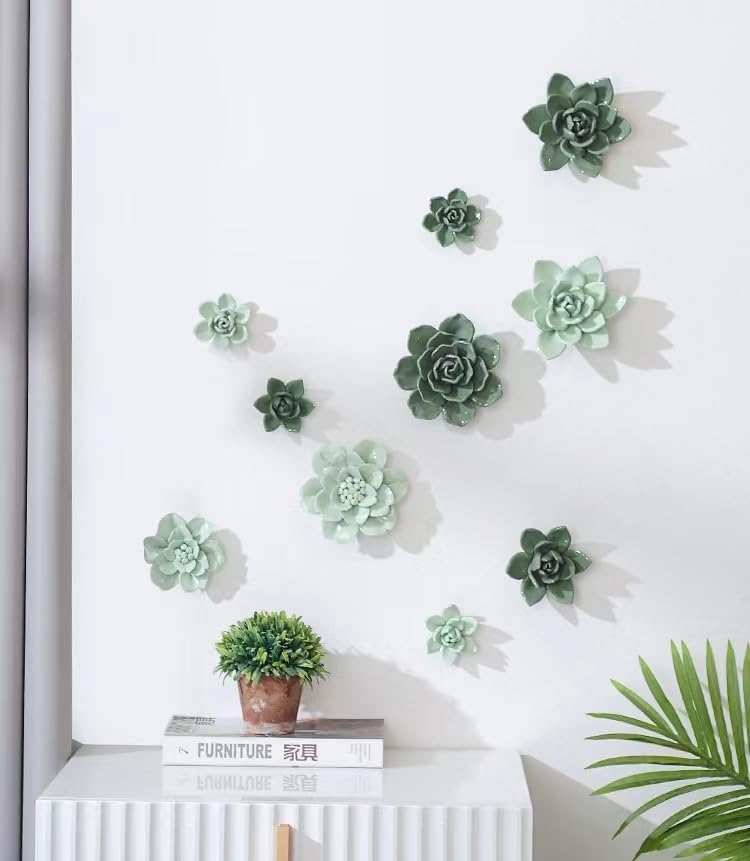Snow Lotus，3.54" Ceramic Flower Wall Art, Artificial 3D Flower Wall Art, Handmade 3D Wall Art Hanging Sculpture, Porcelain Flower Wall Decoration for Home Office Decor (Light Green) - color: Light Green,Snow Lotus,3.54"