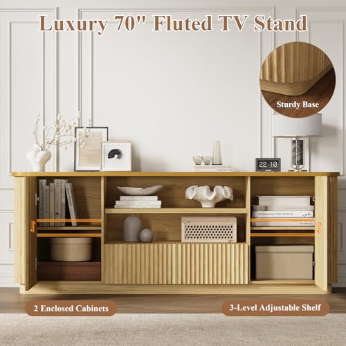 QUW 70" Fluted TV Stand for TVs Up to 80", Modern Entertainment Center with 2 Drawers & Cabinets, TV Console with Curved Profile Design, Luxury Wooden Media Console for Living Room, Natural Oak - color: Natural Oak
