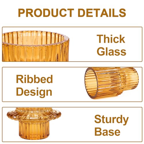 Candlestick Holders Set of 6, Ribbed Glass Taper Candle Holders, Reversible Amber Tealight & Candle Stick Candle Holder Vintage Crystal Tapered Candlestick for Wedding Dinner Party Festival - color: Amber