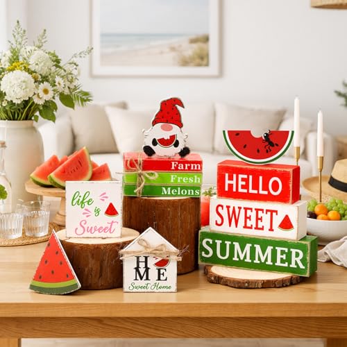 Vercraft 11 Pcs Watermelon Table Decorations Set Watermelon Tiered Tray Decor Summer Wooden Top Farmhouse Rustic Wooden Table Centerpieces for Home or Kitchen Office Decorations - style: Watermelon