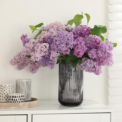 Modern Grey Glass Vase-11 Inch Tall Ribbed Glass Cylinder Vases for Flowers, Bouquet, Desk, Dining Table, Shelf, Decorative Flower Vase for Centerpieces, Home Decor, Living Room, Wedding - color: Gray, size: Large - 11''H