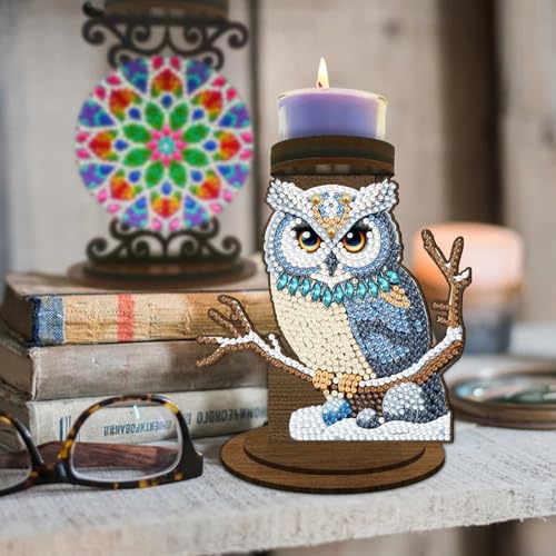 ARTopet DIY Diamond Art Painting Candlestick Holders Wooden Desk Candle Holder Ornament Double Sided Diamond Tabletop Ornaments for Home Decor-Owl - color: Owl