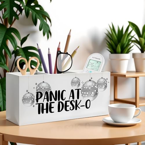 Funny Trendy Disco Ball Pencil Pen Holder for Desks, Panic at the Desk-O Mental Health Wooden Pencil Holder Organizer for Home Office Desk Accessories, Office Humor Gifts for Women - color: Color-Desk accessories white 04