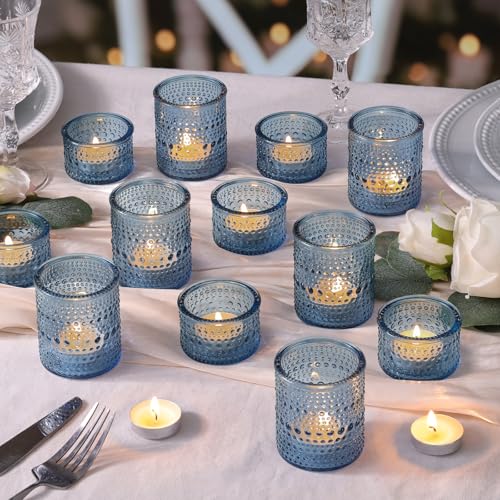 NITIME Blue Glass Votive Candle Holders Set of 24, Assorted Heights Polka Dot Tealight Candle Holders for Table Centerpiece, Blue Candle Holder Decor for Wedding, Baby Shower Party & Spa - color: Blue