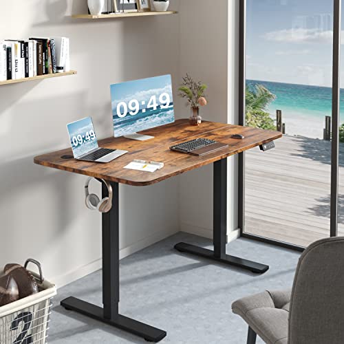 Furmax Electric Height Adjustable Standing Desk Large 48 x 24 Inches Sit Stand up Desk Home Office Computer Desk Memory Preset with T-Shaped Metal Bracke, Brown - color: Brown, size: 48 Inch