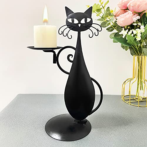 Black Cat Candle Holder for Pillar Candles Led Flameless Candles, Retro Rustic Farmhouse Home Metal Cat Decor Candlestick for Centerpiece, Dining Table, Housewarming Gifts