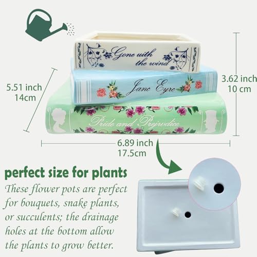 Book Planter Decor - Cute Bookshelf Plant Pots, Small Book Shaped Ceramic Planters, Book Flowers Vase with Drainage Hole, Classic Titles Bookstack for Book Lovers Gifts for Home Bedrooms, Living Rooms