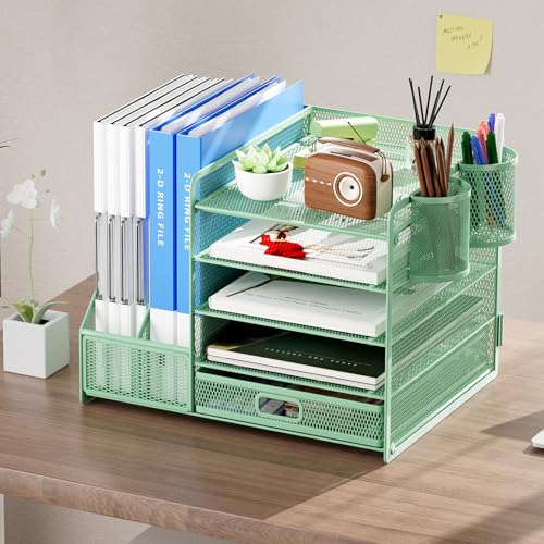Marbrasse Desk Organizer with File Holder, 5-Tier Paper Letter Tray Organizer with Drawer and 2 Pen Holder, Mesh Desktop Organizer and Storage with Magazine Holder for Office Supplies (Green) - color: Green
