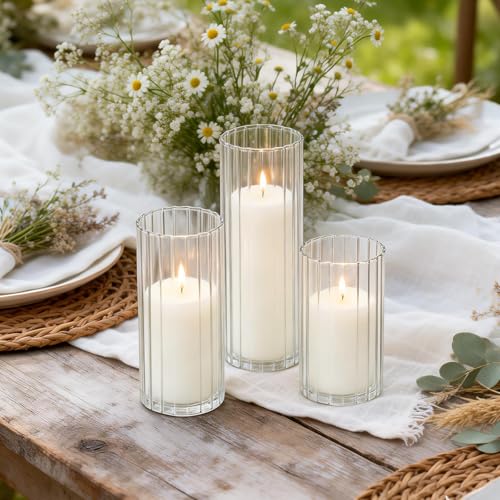 24 PCS White Pillar Candles (2" x3, 4, 6) with Ribbed Glass Cylinder Vases (2.6" x5, 6, 8), Hurricane Glass Candle Holders, Dripless Candles for Wedding Centerpieces, Home & Table Decor - size: 24