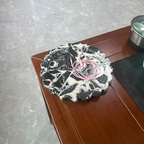 11" Round Marble Tray with Scalloped Edge, Black Marble Decorative Tray for Coffee Table (Black and White) - color: Black