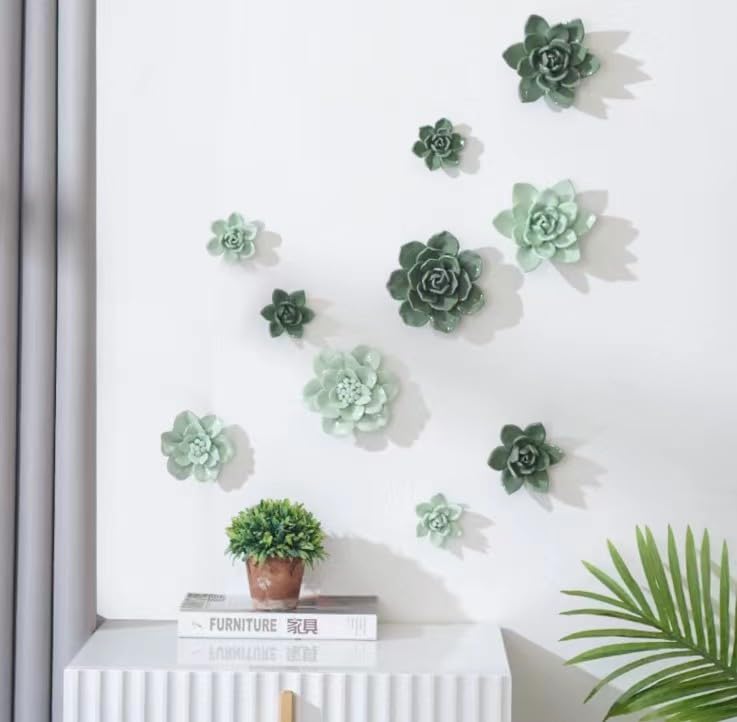 Snow Lotus，3.54" Ceramic Flower Wall Art, Artificial 3D Flower Wall Art, Handmade 3D Wall Art Hanging Sculpture, Porcelain Flower Wall Decoration for Home Office Decor (Dark Green) - color: Dark Green,Snow Lotus,3.54"
