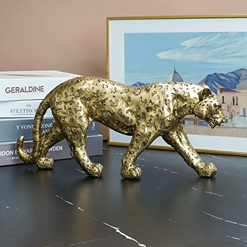 Cheetah Statue Home Decor Leopard Sculpture Resin Sitting Cheetah Figurine Desktop Table Top Ornament Decoration for Home Office-Gold Or Silver (Walking-Champagne Gold) - color: Champagne Gold