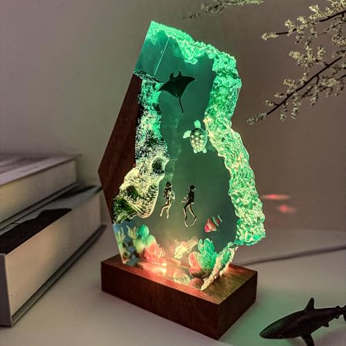 Scuba Diving Resin Ocean Lamp,Handmade 3D Ocean Night Light With Woodden Base,Variable Lights, Scuba Diver Gifts,Diving Enthusiast Collectibles, Unique Birthday Holiday Gifts for Men & Women (L12"x8") - color: Scuba Divers, size: L
