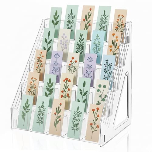 Bookmark Display Stand for 2.5''Bookmark, 5 Tier 25 Pockets Clear Acrylic Sticker Holder for Vendor Events Retail, Portable Stamp Display Shelf Rack