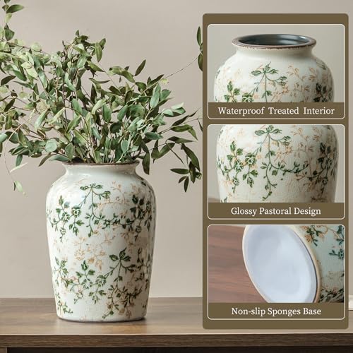 Ceramic Flower Vase | Farmhouse Green Rustic Vase for Home Decor, Vintage Floral Pottery Tuscan Decorative Vase for Living Room & Kitchen, Mantel & Bookshelf, Centerpieces, Entryway, Wedding(7.8 Inch) - color: 09-green and Beige